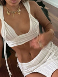 Piece Sets Women 2022 Summer Ruched Sexy Skirt Set Sleeveless V Neck Crop Tops + Split Mini Skirts Female 2Pcs
