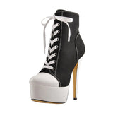 Onlymaker Women's Canvas Platform Lace Up Ankle Boots16cm High Heel Side Zipper Plus Size Fashion Sexy Stiletto