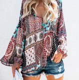 V Neck summer printed Flora lace Up chiffon blouse Ladies Long Sleeve Shirts blusas mujer de moda