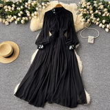 Light Ripe Wind Collar Pleated Lantern Long Sleeved Waist Dress Feminine French Large Pendulum Chiffon