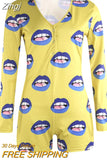 Women V-neck Bodycon Sleepwear Jumpsuit Bodysuit Shorts Romper Bodysuit Leotard Long Sleeve Lips Print Button