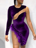 Sexy Sheer Mesh Patchwork Velvet Mini Dress Women One Long Shoulder Feather Night Club Short Bodycon Vestidos