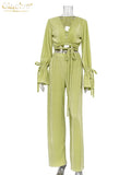 Sexy Green Pants Set Women Casual Loose Bandage Blouses Shirt Matching Wide Leg Trousers Suit Elegant 2 Piece Pant