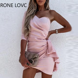 Women Solid One Shoulder Pleated Ruffle Hem Slit Bodycon