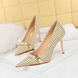 Zingj Thousand Bird Case High Heels Slender High Heels Shallow Pointed Pearl Chain Plaid Women's Single