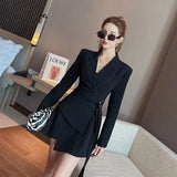 Party Blazer Dress Women Korean One-piece Office Lady Elegant Dress Chic Sashes Design Long Sleeve Clothes Winter 2023