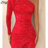 New Year Red Party Dress Glitter One Shoulder Asymmetrical Ruched Mini Bodycon Dress Long Sleeve Sequins Sexy Corset