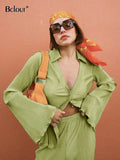 Summer Green Vintage Suits Women Flare Sleeve Shirt And High Waist Pants Two Piece Set Autumn Loose Blouses Outfits