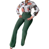 Trend Casual Leaf Print Buttoned Shirt &amp; High Waist Pants Sst Two Pieces Set Women Tracksuit Office
