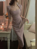 New Elegant Midi Dress For Women Bodycon Office Lady Solid One Piece Slim Clothing Femme Fashion