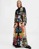 Women Vintage Print Spliced Lace Up Maxi Dress with ribbon Casual Loose V Neck Flare Sleeves Dresses Summer Lady Elegant