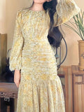 Floral Print Midi Dresses for Women 2023 New Summer Long Sleeve Folds Party Prom Female Clothes Beach Bodycon Dress