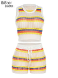 Striped Knit Y2K Two Piece Sets Women Casual Hollow O Neck Pullover Tops+Bandage High Waist Shorts Matching