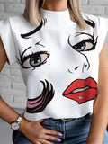 2023 Women Summer Short Sleeve Pullover T-shirt Tops Female Personality Print Stand Collar Blouses Outfits Casual
