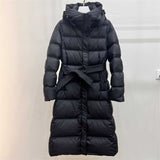 Autumn Winter New Down Jacket Female Long Money Slim Over The Knee Hoodie Waist Show Thin Belt Money Warm Coat Tide-Outfit