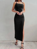 Black Long Bodycon Dress Women Summer Sleeveless Blackless Halter Neck Spaghetti Strap Dresses High Split