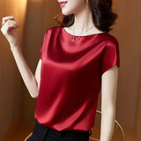 Lady Tops Summer Short Sleeve Blouses Satin Blouse Women Shirts Fashion Simple Solid Plus Size Loose Shirt Blusas