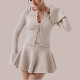 Beige Knit Pearl Buttons Knitted Cardigan Crop Top And Mini Skirt Set- Outfit