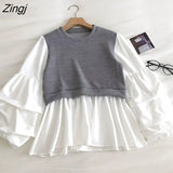 Fashion Patchwork Blouses Spring New Fake Two O-Neck Puff Sleeve Blouses Tops Casual College knitted Shirt Women