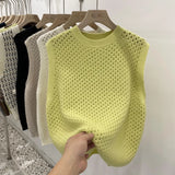 Vests Women Solid Hollow Out All-match Autumn Knitting Soft Warm O-neck Retro Fashion Loose Ulzzang Streetwear