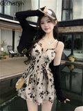 Long Sleeve Knit Cardigan Crop Coat Two-piece Dress Ladies Drawstring Floral V-neck French Suspender Robe Suit