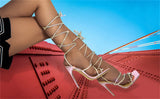 Onlymaker Women's Summer Crystal Lace-Up Stiletto High Heel Sandals Multicolor Square Toe Cross Strap PVC Bling