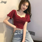 Women Puff Sleeve Pleated Square Collar Pullover Solid Elegant Chic Womens Korean Style Slim Simple Trendy Soft Sexy