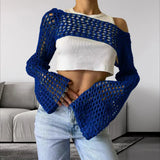 Zingj New Women's Hand Hook Sweater Women's Casual Ultra-Short Horn Sleeve Sexy Grid Smock