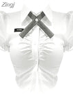 Women Blouse Short Sleeve Chic Casual Vintage Y2k White Polo Shirt Top French 2023 Summer Female Office Ladies Sexy Slim