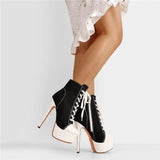 Onlymaker Women's Canvas Platform Lace Up Ankle Boots16cm High Heel Side Zipper Plus Size Fashion Sexy Stiletto