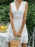 Mini Dress Women Boho Lace Dress Female Jacquard High Waist Slim Dress Ladies V Neck Sleeveless Backless Ruffles