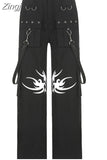 Streetwear Grunge Gothic Punk Cargo Pants Women Print Strap Eyelet Oversized Baggy Trousers Dark Academia Flare