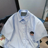 Blue Striped Embroidered Shirt Elegant Chic Woman Shirt Women's Summer Blouse 2024 Oversized Shirt Top