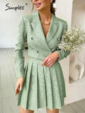 Elegant a-line pleated two piece suit sets women Office lady v-neck button mini skirt set lapel Spring crop blazer