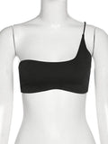 Women Summer Trendy Tank Tops Solid Color One-Shoulder Sleeveless Slim Crop Tops for Ladies