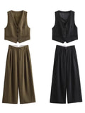 Women's Autumn New Dress V-Neck Short Vest High-Waist Broad Leg Trousers Commuting