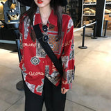 Shirts Women Long Sleeve Print Ulzzang Cat Turn-down Collar Students Designed Womens Korean Style with Buttons