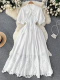 Rose Red/White Lace Hollow Out Party Long Dress Elegant Bow Collar Puff Short Sleeve High Waist A-Line Maxi Vestidos