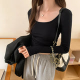 Girls' Short U-Collar Bottomed Shirt Women's Early Autumn New Long-Sleeved T-Shirt With A Shoulder Blouse Inside The