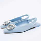 ZAR 2022 Summer New Women Rhinestone Pointed Toe Shallow Mouth Flat Sandals Slippers Back Strap Baotou Temperament Muller