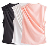Spring Pleated Sleeveless Blouse With Round Collar