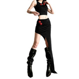 Zingj Winter Women's Embroidered Sleeveless Crop Vest Irregular Skirt Suit-Outfit