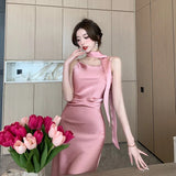 Sexy Backless Satin Midi Dresses for Women 2023 Elegant Party Sleeveless Casual Vintage Robe Female Fashion Prom