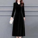 2021 Autumn Vintage Women Midi Party Dress Long Sleeve Burgundy Black Velvet Dress Plus Size 3XL 4XL 5XL