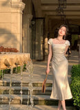 Party Midi Dresses for Women 2023 Summer Square Collar Slim Prom Female Clothes Wedding Evening Satin Dress New