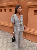 Women's Retro Printed Pants Suit Summer V-neck Lace Up Short Sleeve Shirts Elastic Waist Pant Set Female Fashion High