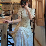 Floral Dress Women Elegant Lace Chiffon Korean Party Dress Puff Sleeve V Neck Midi Dress Fall Dresses for Women