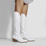 Onlymaker Women White Knee High Boots Western Cowboy Boots Wide Calf Embroidered Pointed Toe Block Heel Pull-On Cowgirl