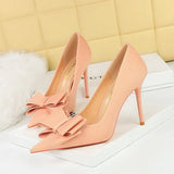 Zingj Korean Version Fashion Thin Heels, Silk, Shallow Pointed Bow Single High Heel Women's