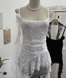 Shooting Lace Suspension Sheaf Vest Women's Summer Thin Irregular Lotus Leaf-Side Ribbon Slime Blouse